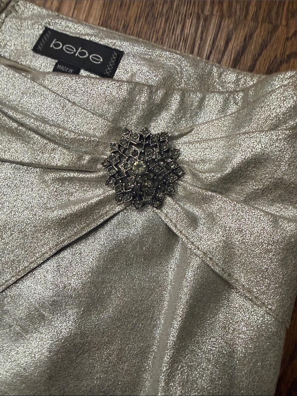 bebe Silver Metallic Pencil Skirt with Crystal Brooch